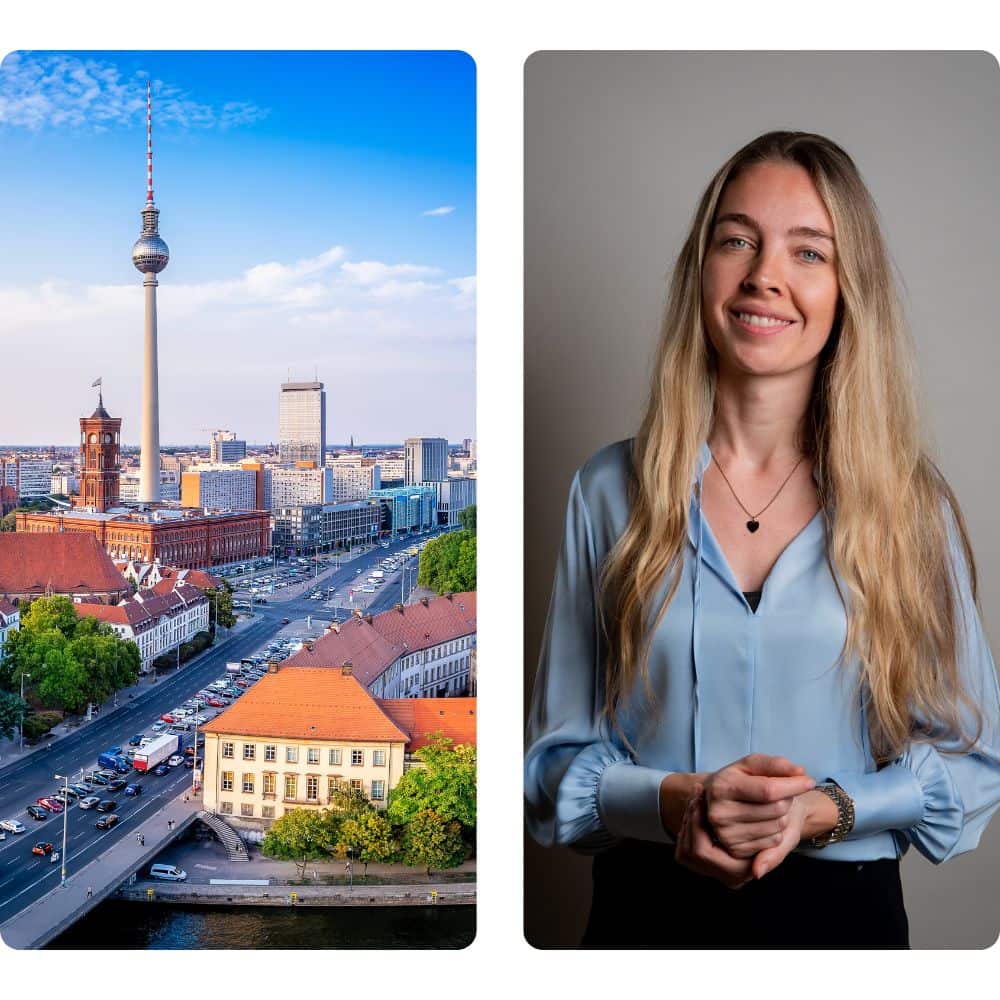 Links Stadtbild von Berlin und rechts Geschaeftsfuehrerin Lia Schluesselburg