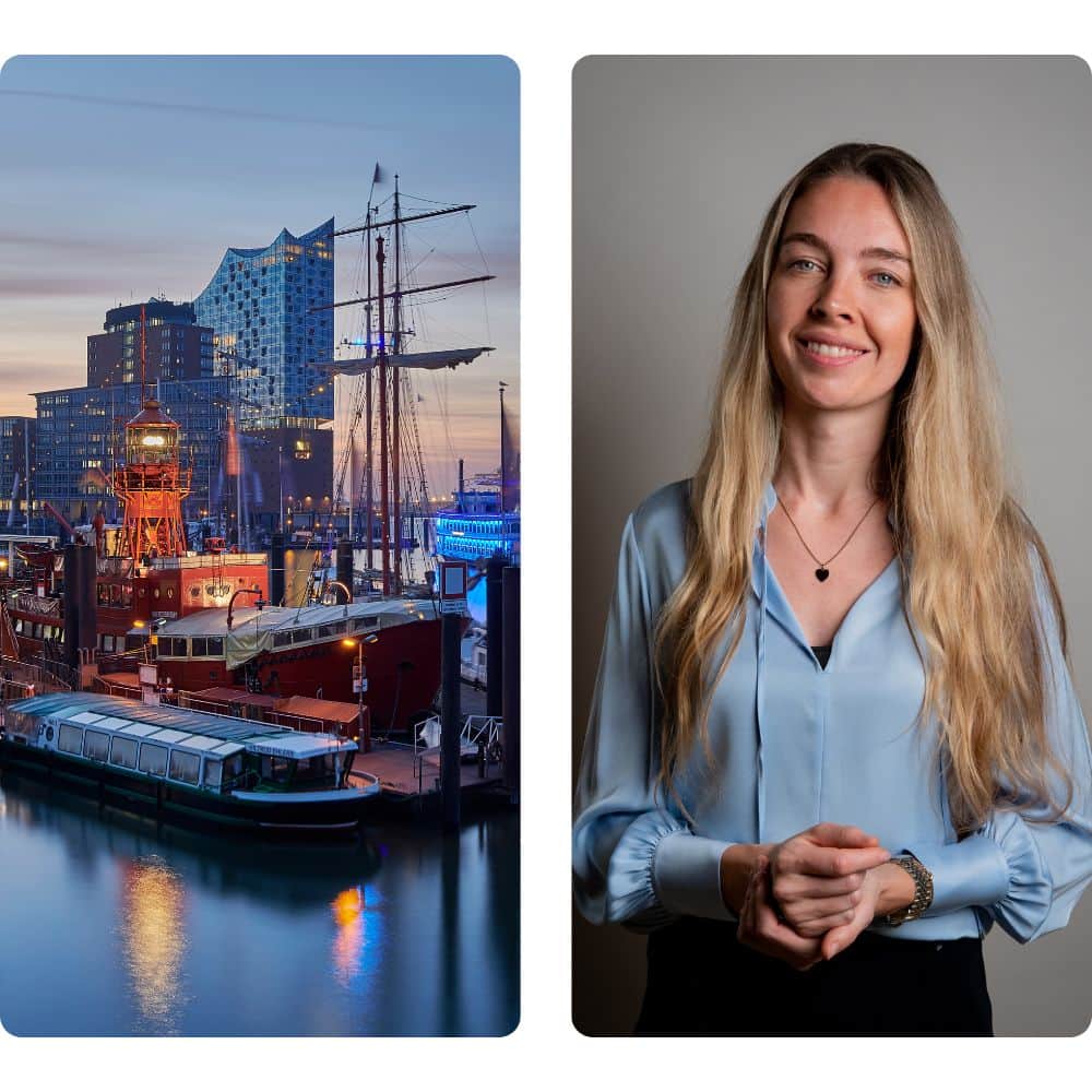 Links Stadtbild von Hamburg und rechts Geschaeftsfuehrerin Lia Schluesselburg