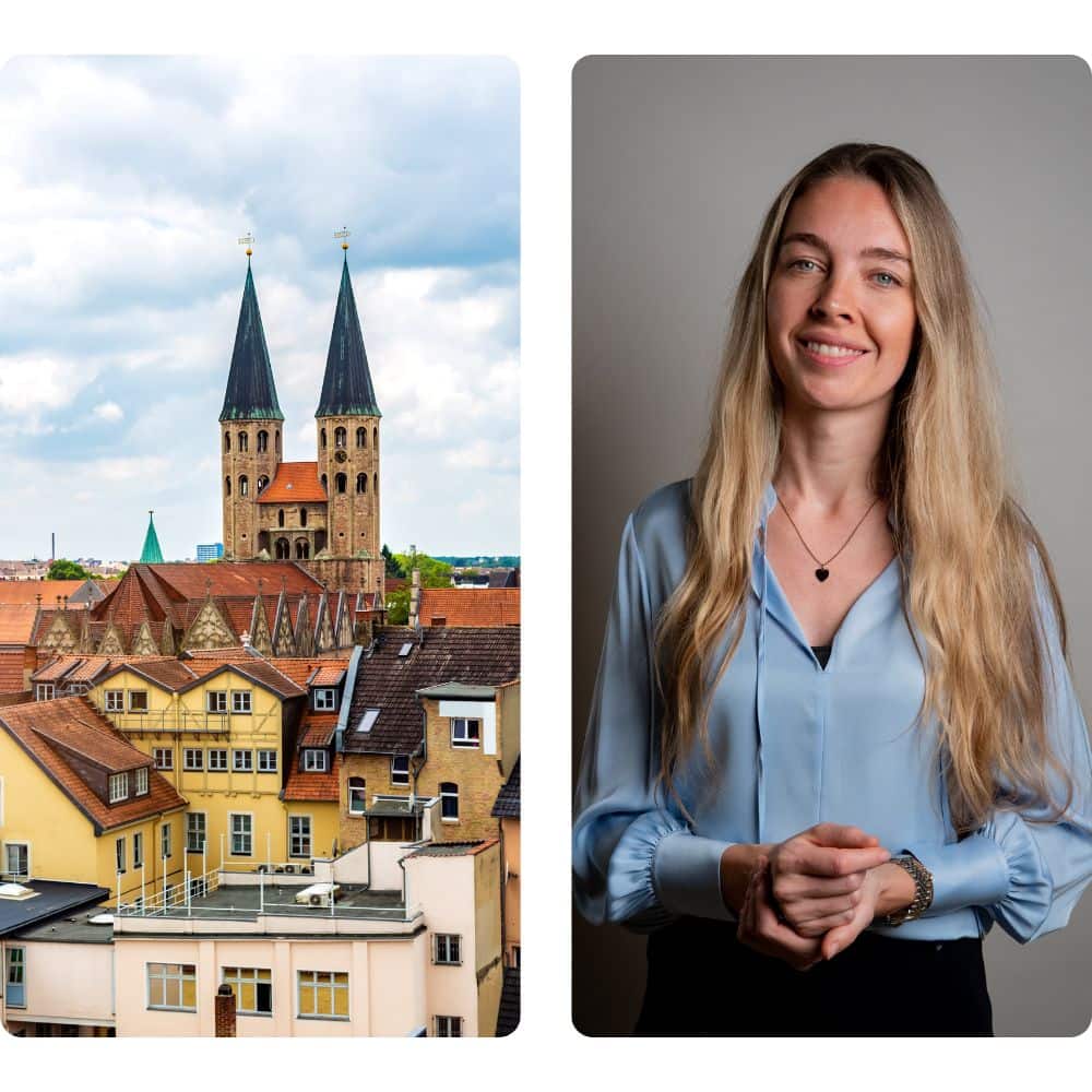 Links Stadtbild von Berlin und rechts Geschaeftsfuehrerin Lia Schluesselburg
